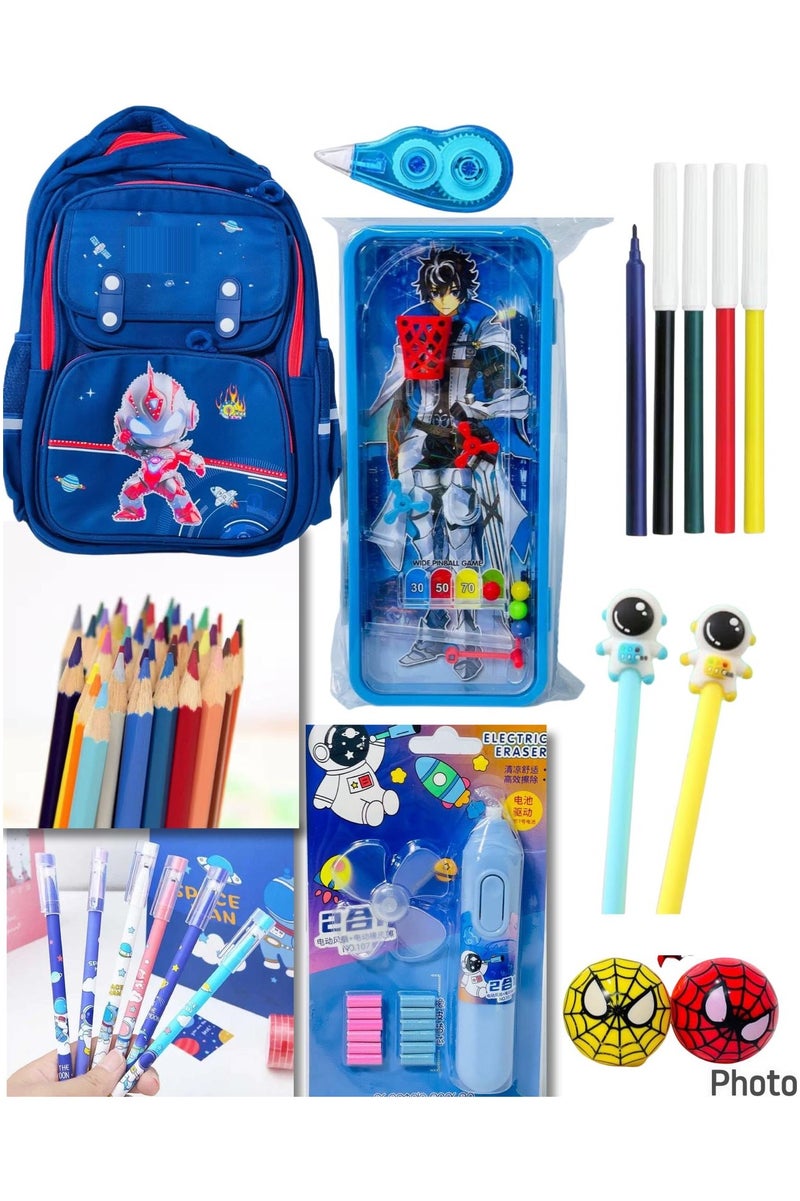 32-piece school supplies set (school bag + pencil case with toy + 2 astronaut nibs + 6 erasable gel pens + 12 colored pencils + 6 colored felt-tip pens + 2 sharpies + children's eraser card with fan + corrector + correction tape) - Image 1