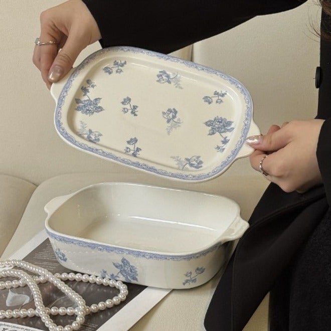 French Luxury Blue Bow Floral Baking Rectangular Ceramic Tray with Lid