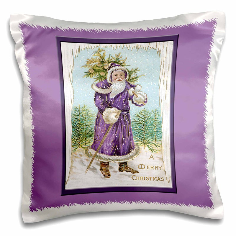 3DROSE 3dRose pc_153208_1 Vintage Christmas Card with Santa Clause in Purple Framed in Purple on A Lavender Background Pillow Case  16"" x 16"" 