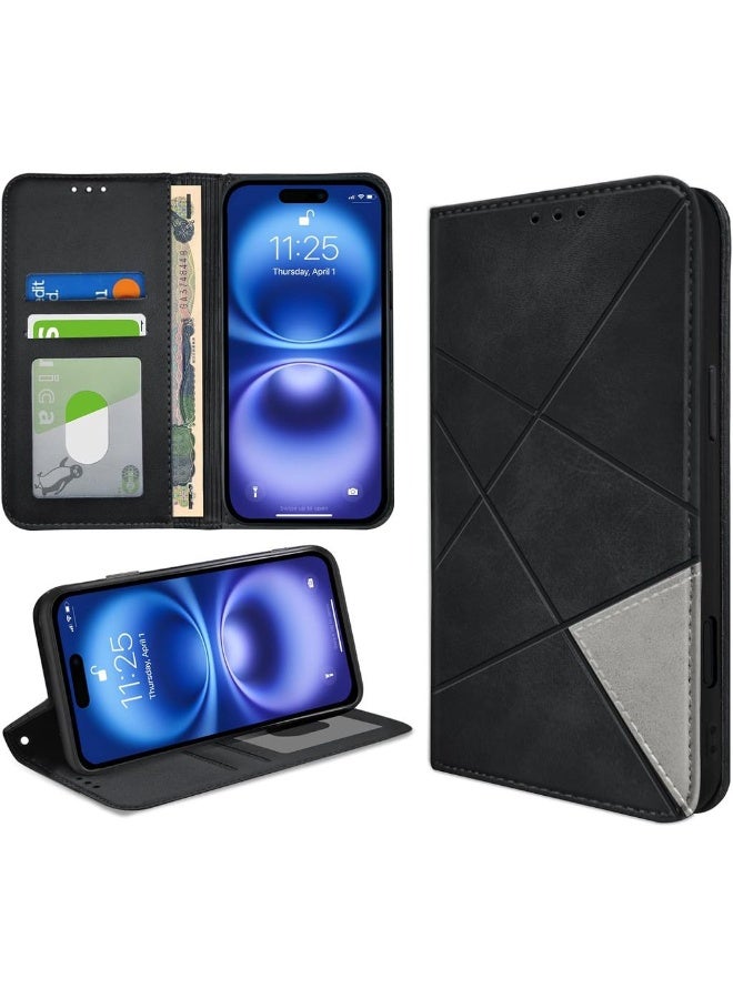 For IPhone 16 Case Premium PU Leather Wallet Case 2 Card Holder Shockproof Flip Cover With Kickstand Function Hidden Magnetic Adsorption Flip Wallet Case - Black - Image 1