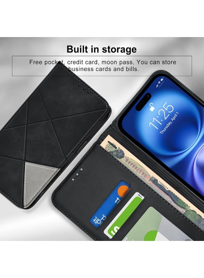 For IPhone 16 Case Premium PU Leather Wallet Case 2 Card Holder Shockproof Flip Cover With Kickstand Function Hidden Magnetic Adsorption Flip Wallet Case - Black - Image 3
