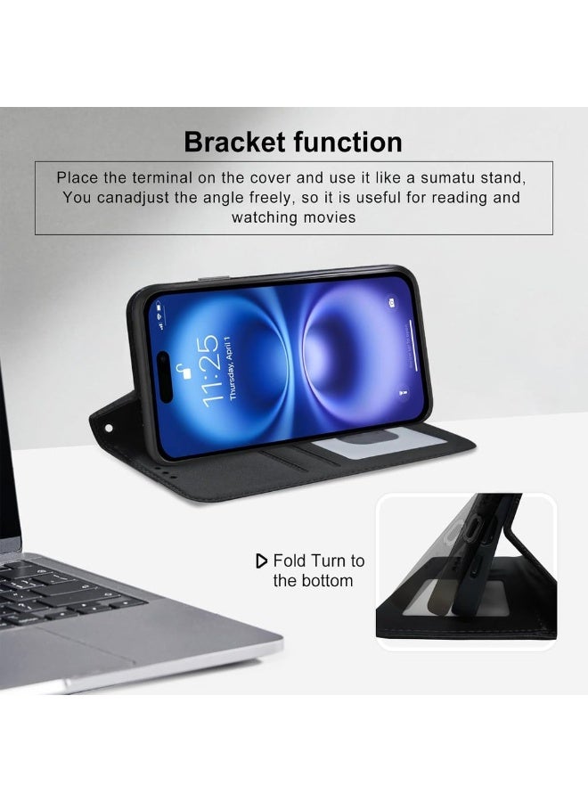 For IPhone 16 Case Premium PU Leather Wallet Case 2 Card Holder Shockproof Flip Cover With Kickstand Function Hidden Magnetic Adsorption Flip Wallet Case - Black - Image 2