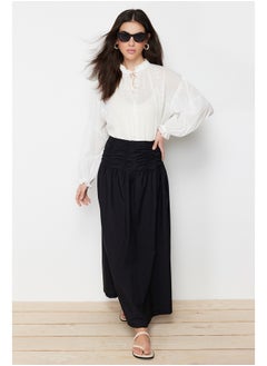 Black High Waisted Gathered Long Woven Skirt TCTSS24EE00001