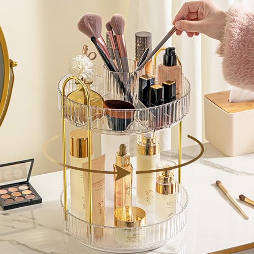 Aveniee 360 Rotating Makeup Organizer for Vanity Upagraded Perfume Skincare Bathroom Counter Organizers with Brush Divider Two Tier Spinning Lipstick Cosmetic Lotion StorageWhite - Image 1