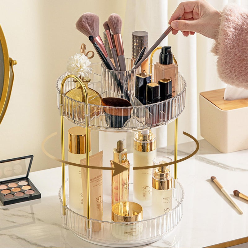 Aveniee 360 Rotating Makeup Organizer for Vanity Upagraded Perfume Skincare Bathroom Counter Organizers with Brush Divider Two Tier Spinning Lipstick Cosmetic Lotion StorageWhite - Image 2