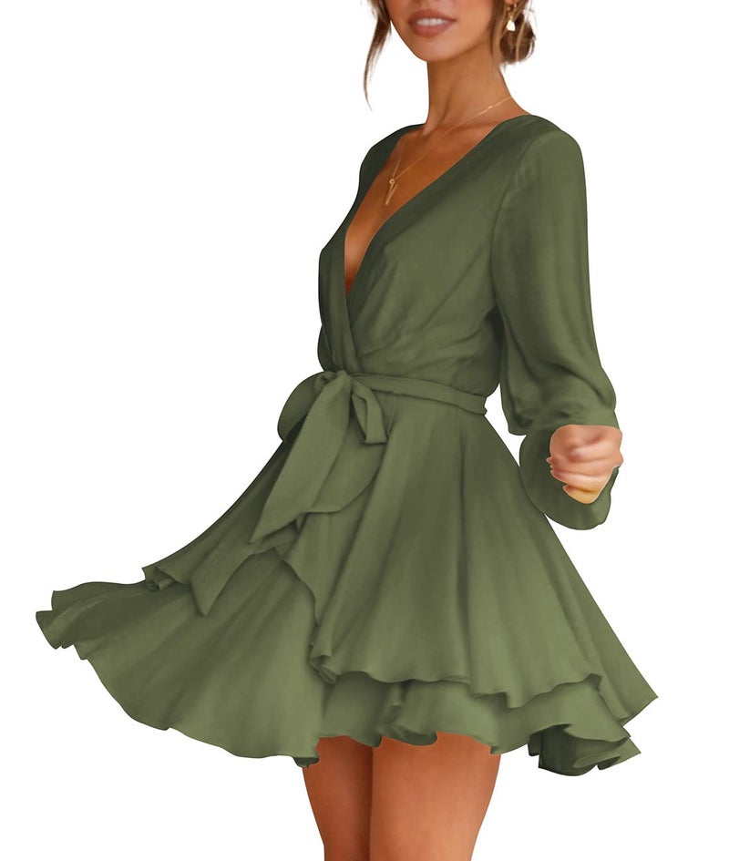 Cosonsen Womens Date Night Dress Deep V-Neck Long Sleeve Faux Wrap Dresses Green XS - Image 2