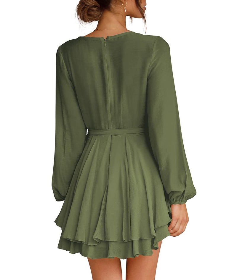 Cosonsen Womens Date Night Dress Deep V-Neck Long Sleeve Faux Wrap Dresses Green XS - Image 3