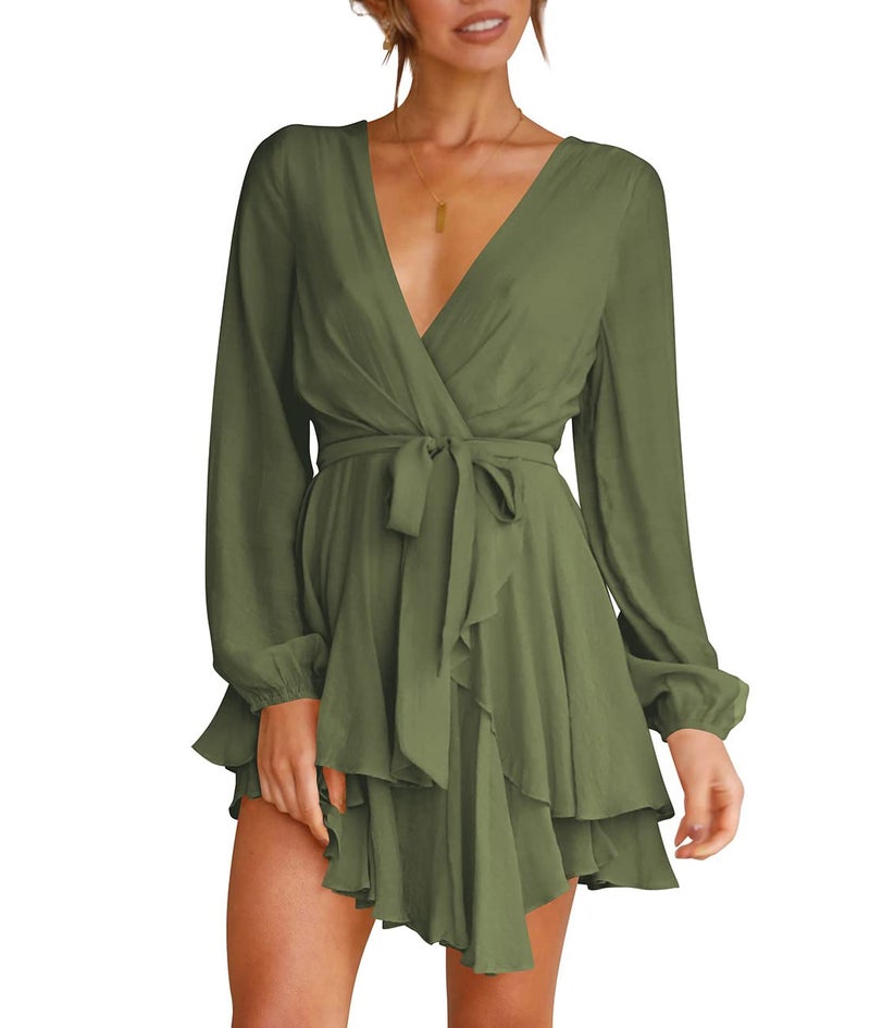 Cosonsen Womens Date Night Dress Deep V-Neck Long Sleeve Faux Wrap Dresses Green XS - Image 4
