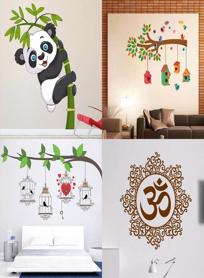 Merical PVC Vinyl Baby Panda, Bird House Branch, Bird Cage Key, Designer Om Wall Stickers for Kids Room Decoration, Home Décor, Living Room, Hall, Bedroom (Pack of 4) - Image 1