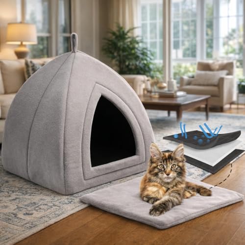 ZEXSAZONE 2-in-1 Grey Cat House & Dog Bed | Foldable Igloo Pet House for Small Dogs & Cats | Soft Plush Washable Cushion | Warm Cozy Indoor Puppy Bed | Collapsible Summer Pet Cave | Non-Slip Bottom - Image 2