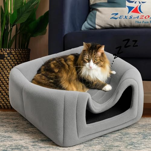 ZEXSAZONE 2-in-1 Grey Cat House & Dog Bed | Foldable Igloo Pet House for Small Dogs & Cats | Soft Plush Washable Cushion | Warm Cozy Indoor Puppy Bed | Collapsible Summer Pet Cave | Non-Slip Bottom - Image 4