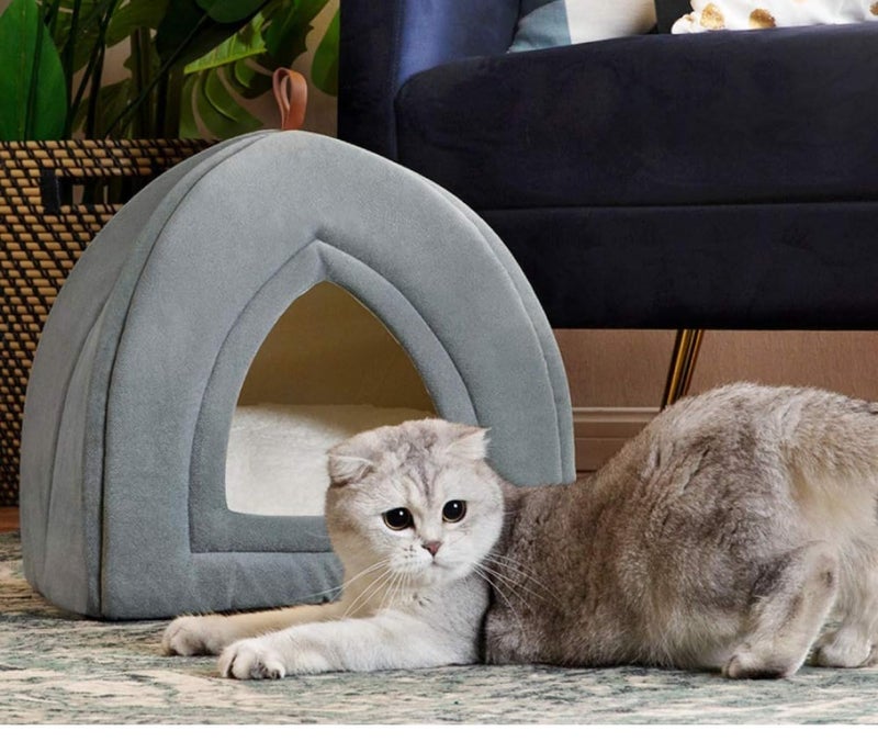 ZEXSAZONE 2-in-1 Grey Cat House & Dog Bed | Foldable Igloo Pet House for Small Dogs & Cats | Soft Plush Washable Cushion | Warm Cozy Indoor Puppy Bed | Collapsible Summer Pet Cave | Non-Slip Bottom - Image 3
