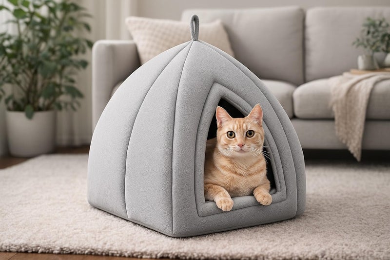 ZEXSAZONE 2-in-1 Grey Cat House & Dog Bed | Foldable Igloo Pet House for Small Dogs & Cats | Soft Plush Washable Cushion | Warm Cozy Indoor Puppy Bed | Collapsible Summer Pet Cave | Non-Slip Bottom - Image 1