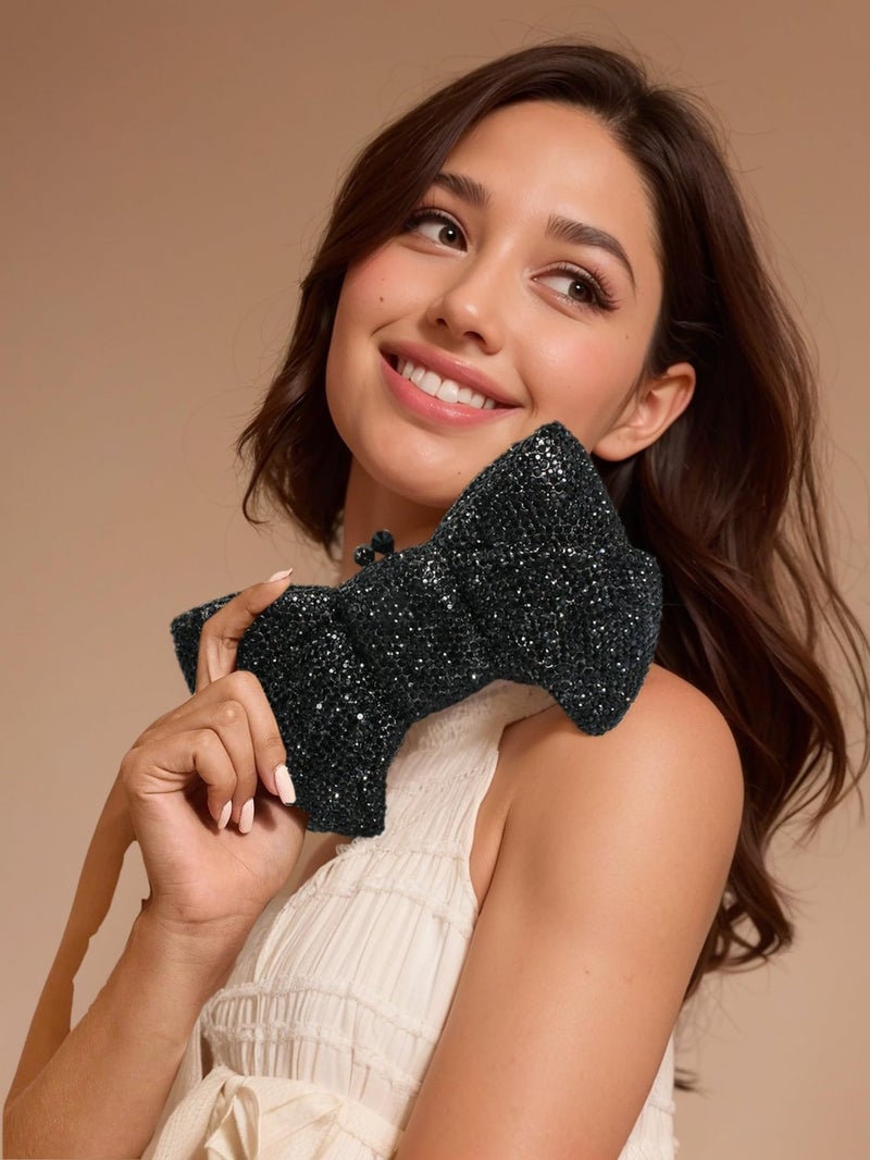 Tngan Women Luxury Bowknot Shaped Evening Clutch Sparkling Rhinestones Handbag for Banquet Wedding Party, Black - Image 3