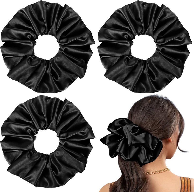 CEELGON 9.5 inch Silk Scrunchies - Oversized & Jumbo Satin Scrunchies - Thick Elastic Fluffy Hair Ties for Women and Girls - 3 Pack (Black) - Image 1