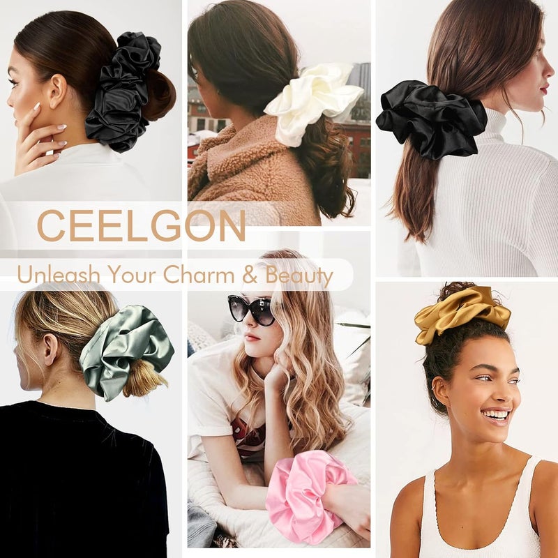 CEELGON 9.5 inch Silk Scrunchies - Oversized & Jumbo Satin Scrunchies - Thick Elastic Fluffy Hair Ties for Women and Girls - 3 Pack (Black) - Image 5