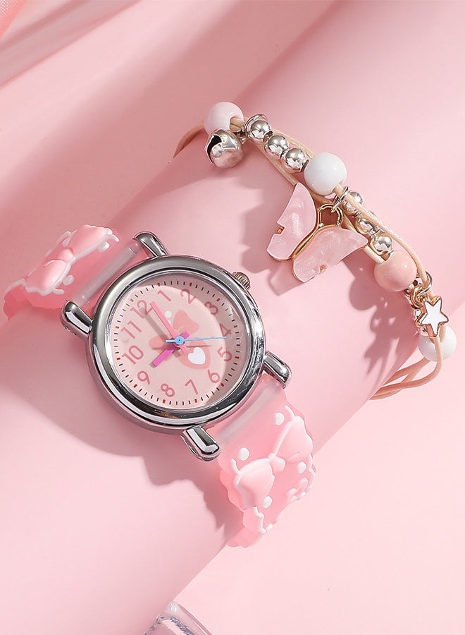 Happy D Cute Pink Bow Kids Watch with Bracelet – Easy-to-Read Analog Design with Heart Dial – Girls' Fashion Watch - Image 1