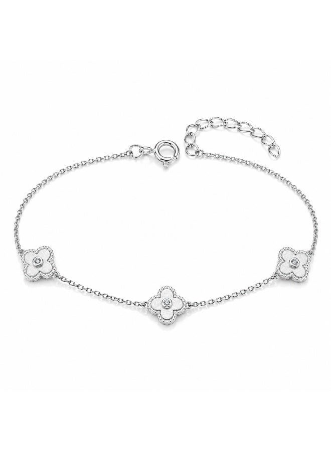 FINE SILVER Luxury 925 Sterling Silver Triple Clover Bracelet - Elegant Brushed Silver Motif with CZ Center - Adjustable Premium Jewelry Gift for Women - Image 1