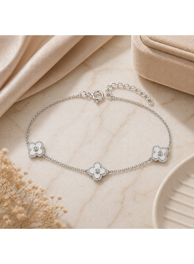 FINE SILVER Luxury 925 Sterling Silver Triple Clover Bracelet - Elegant Brushed Silver Motif with CZ Center - Adjustable Premium Jewelry Gift for Women - Image 3