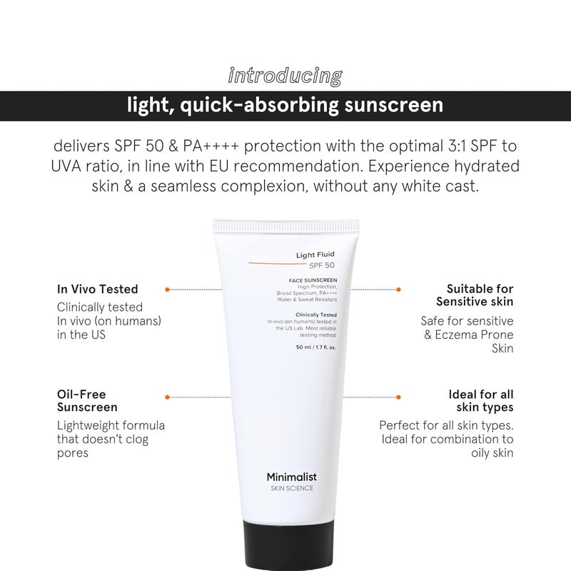 Minimalist Light Fluid Sunscreen SPF 50 for Oily Skin PA  Clinically Tested in US No White Cast  Broad Spectrum  Lightweight Water  Sweat Resistant  For Women  Men  50ml - Image 2