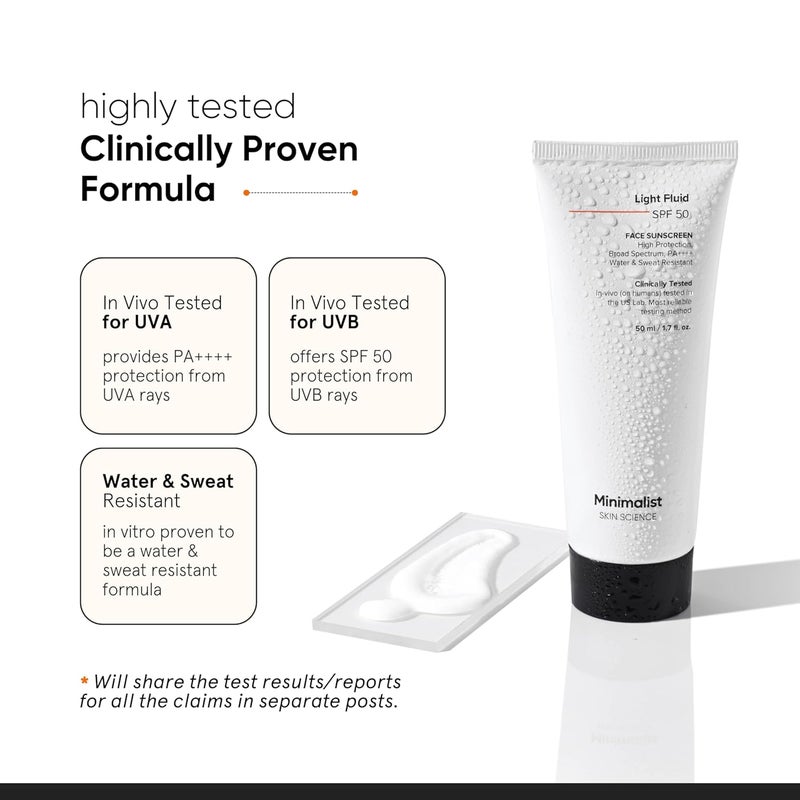 Minimalist Light Fluid Sunscreen SPF 50 for Oily Skin PA  Clinically Tested in US No White Cast  Broad Spectrum  Lightweight Water  Sweat Resistant  For Women  Men  50ml - Image 3