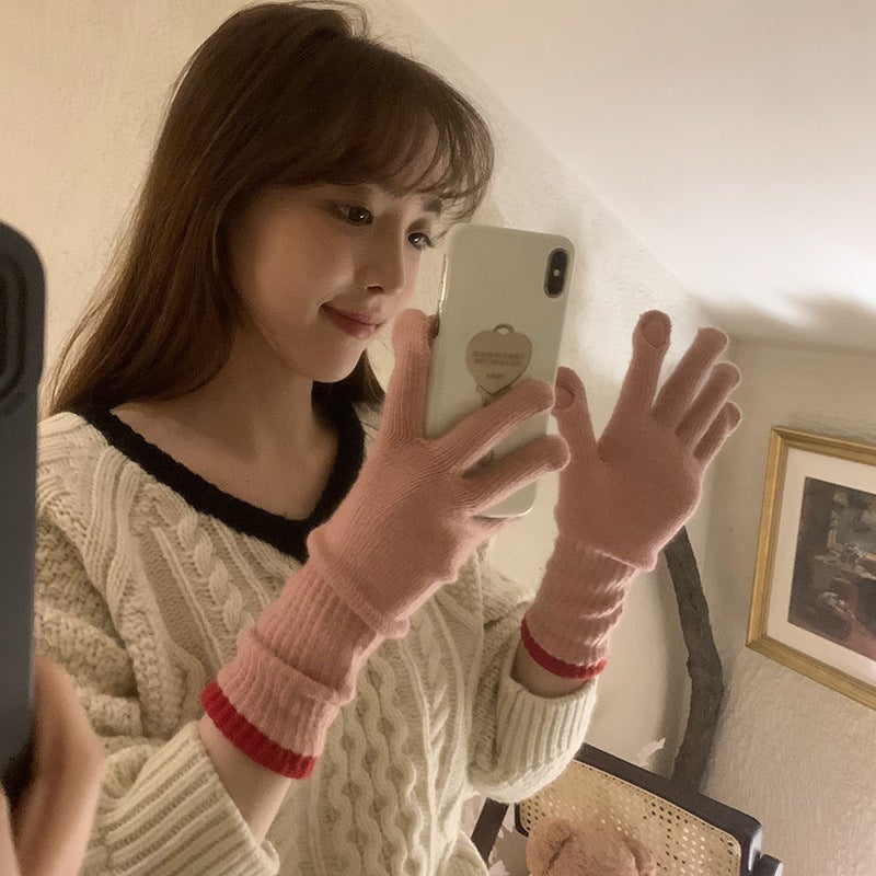 New Solid Wool Knit Gloves Autumn Winter Korean-style Touchscreen Warm Glove Pink