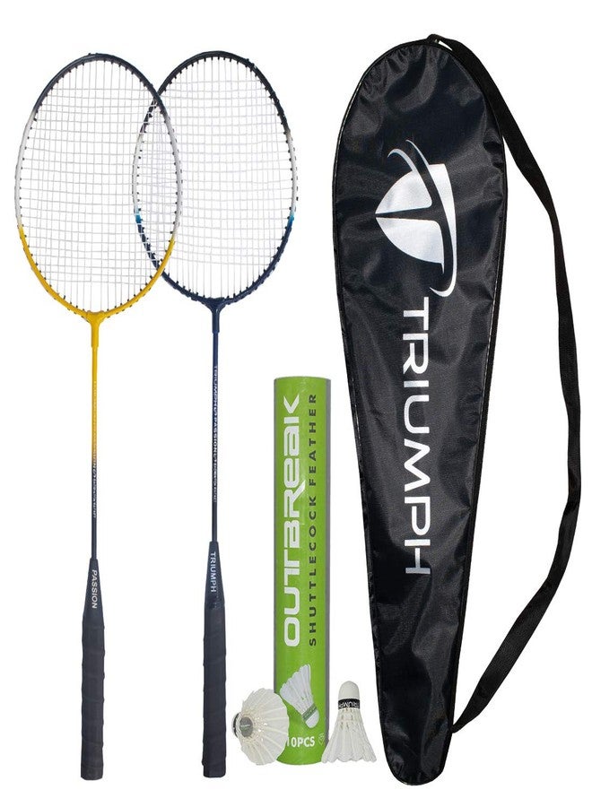 Triumph Passion Badminton Alloy Steel 2 Pcs Racquet Set with 10 Pcs Outbreak Feather Shuttlecock and Full Racket Cover for Adults (Multicolour)() - Image 1
