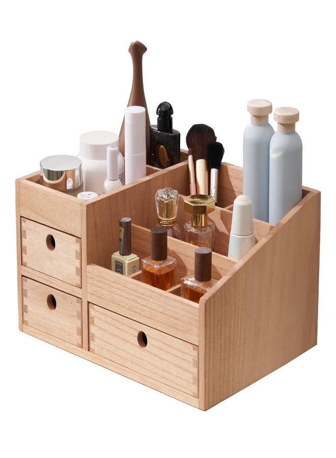 KIRIGEN Wood Makeup Organizer Storage Cabinet Tabletop Cosmetic Organizer Jewelry Storage Box 8 Compartment Makeup Display Case with 3 Drawers Natural(HZG-NA) - Image 1