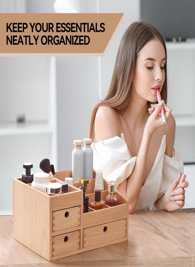 KIRIGEN Wood Makeup Organizer Storage Cabinet Tabletop Cosmetic Organizer Jewelry Storage Box 8 Compartment Makeup Display Case with 3 Drawers Natural(HZG-NA) - Image 3