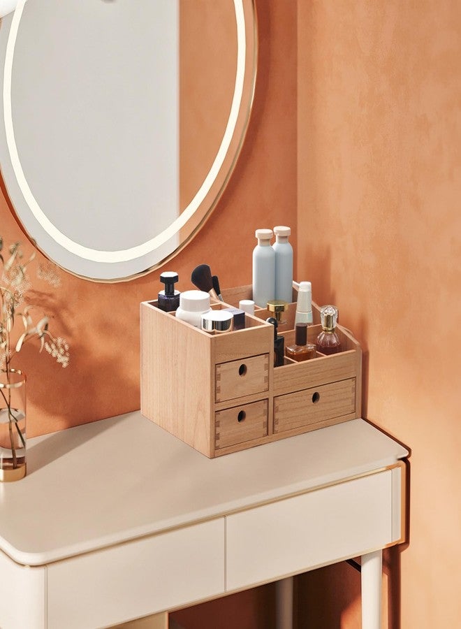 KIRIGEN Wood Makeup Organizer Storage Cabinet Tabletop Cosmetic Organizer Jewelry Storage Box 8 Compartment Makeup Display Case with 3 Drawers Natural(HZG-NA) - Image 2