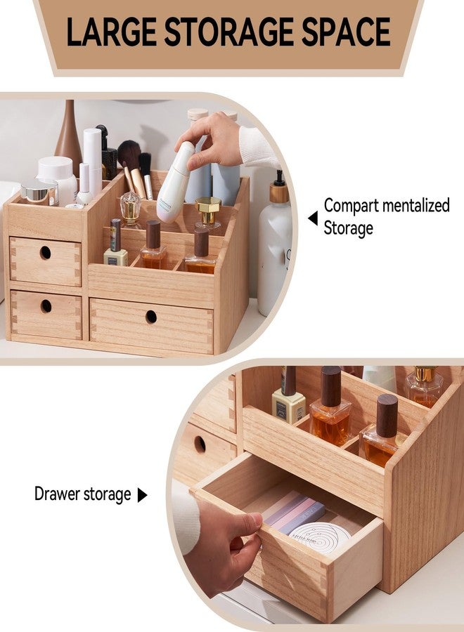 KIRIGEN Wood Makeup Organizer Storage Cabinet Tabletop Cosmetic Organizer Jewelry Storage Box 8 Compartment Makeup Display Case with 3 Drawers Natural(HZG-NA) - Image 4