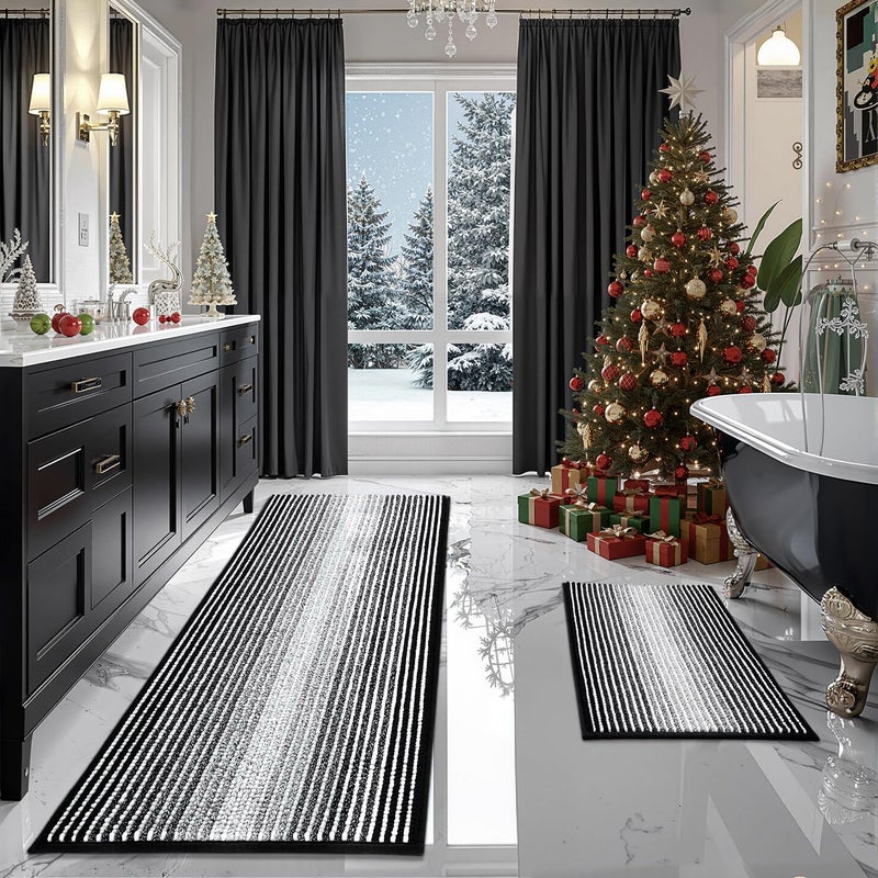 BSICPRO Bathroom Rugs and Mats Sets 2 Piece Thick Absorbent Chenille Bath Mat Rug Set Non Slip Soft Shaggy Bath Room Floor Mats for Bathroom Machine Washable Black 24 x 70 Plus 20 x 32