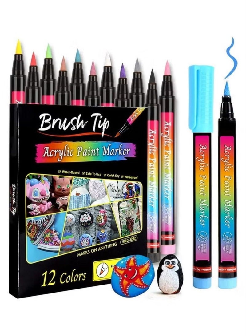 Gr8pick Acrylic Paint Pens Brush Tip, 12 Basic Colors Markers. Set for Rock Painting, Calligraphy, Scrapbooking, Lettering, Card Making, Sketching, Black Paper, DIY Photo Album - Image 1