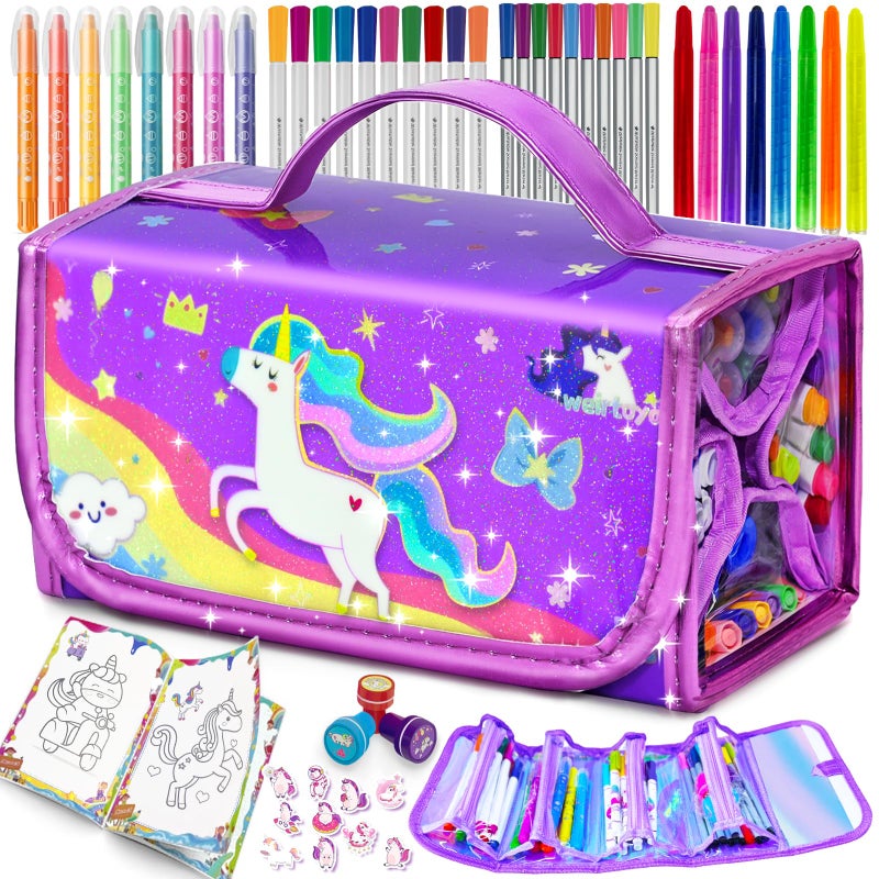 weirtoya 56 PCS Washable Scented Markers Set with Glitter Pencil Case Mermaid Unicorn Arts and Crafts for kids 468 Kids Coloring Drawing Kits for 48 Years Old Girls Birthday Gifts - Image 4