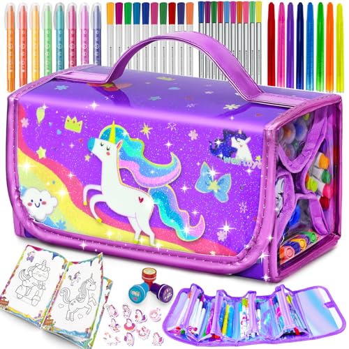 weirtoya 56 PCS Washable Scented Markers Set with Glitter Pencil Case Mermaid Unicorn Arts and Crafts for kids 468 Kids Coloring Drawing Kits for 48 Years Old Girls Birthday Gifts - Image 1