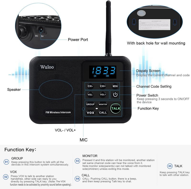 Wuloo Intercoms Wireless for Home 1 Mile Range 22 Channel 100 Digital Code Display Screen, Wireless Intercom System for Home House Business Office, Room to Room Intercom Communication(2Stations,Black) - Image 5