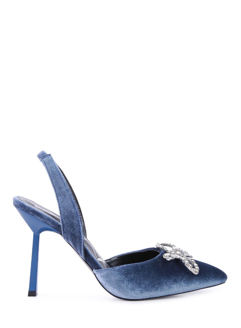 London Rag Blue Velvet Diamante Detail Heeled Slingback Mules - Image 1