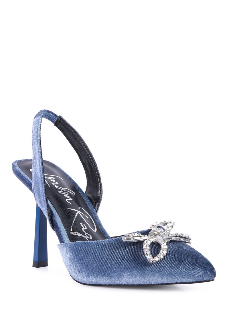 London Rag Blue Velvet Diamante Detail Heeled Slingback Mules - Image 2