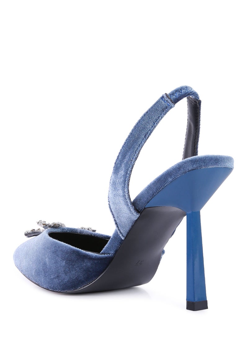 London Rag Blue Velvet Diamante Detail Heeled Slingback Mules - Image 3