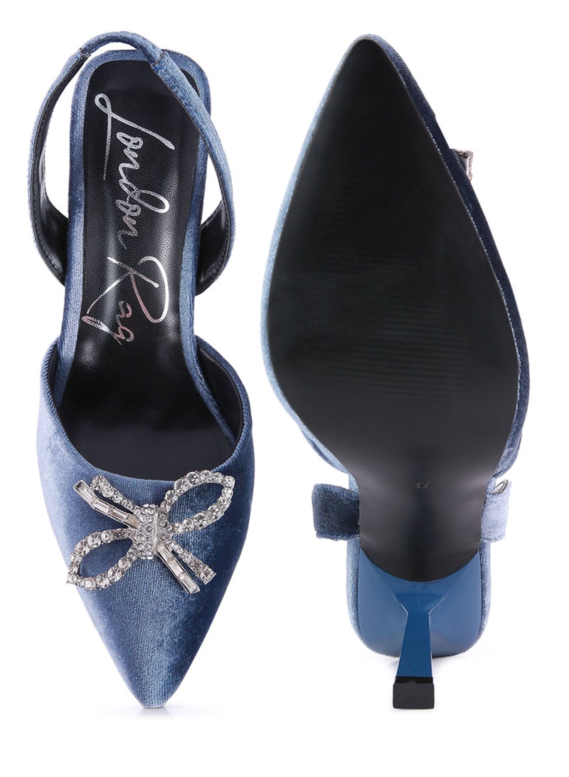 London Rag Blue Velvet Diamante Detail Heeled Slingback Mules - Image 4
