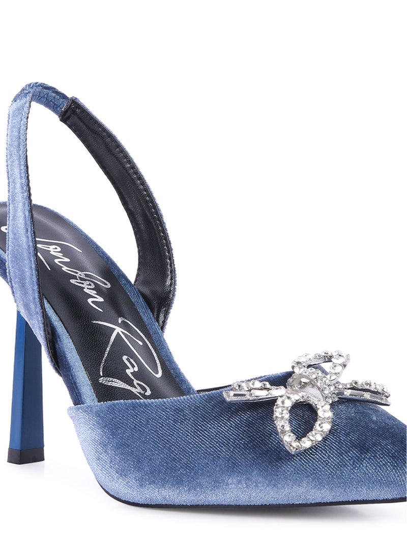 London Rag Blue Velvet Diamante Detail Heeled Slingback Mules - Image 5