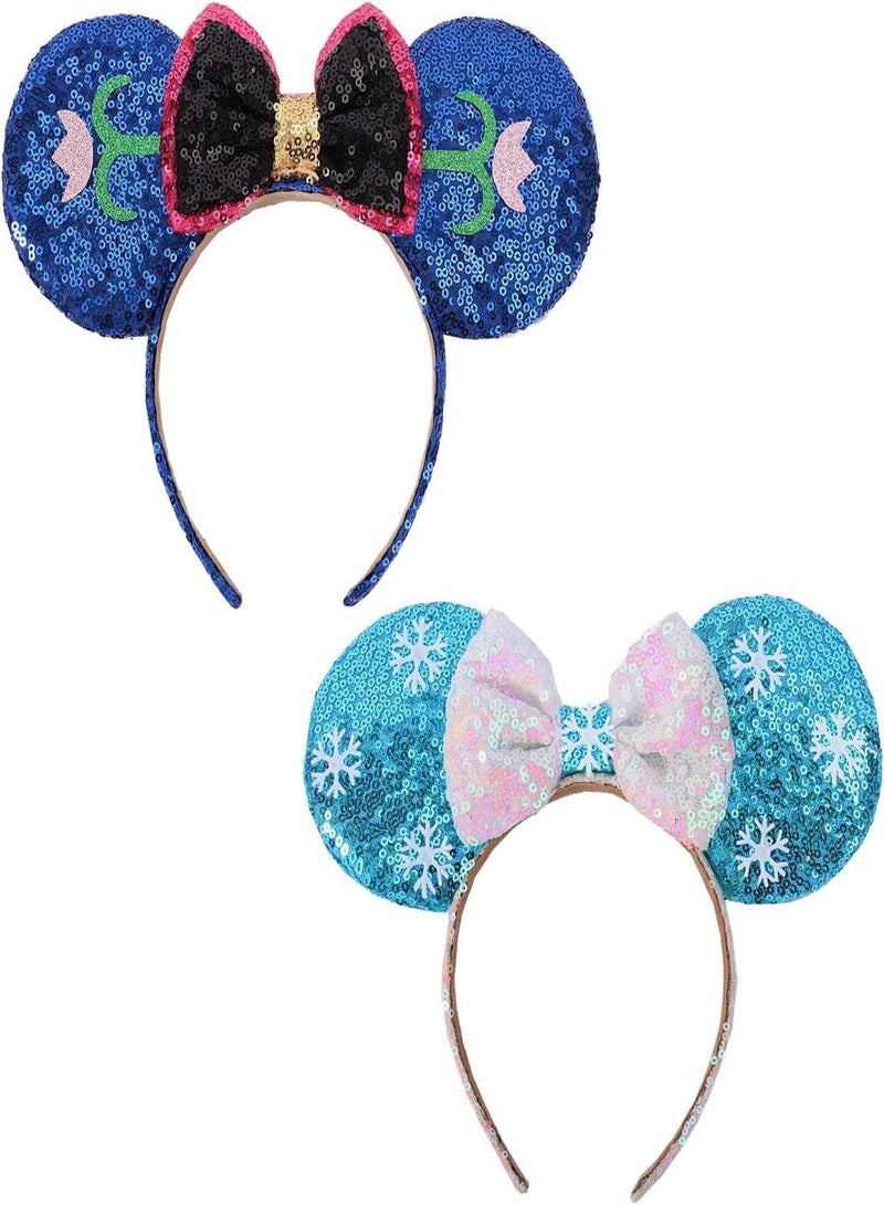 إسكدنيا Mouse Ears Bow Headbands, 2 PCS Frozen for Cosplay Costume Princess Elsa and Anna Sequins Minnie Headband Dress Up Accessories - Image 1