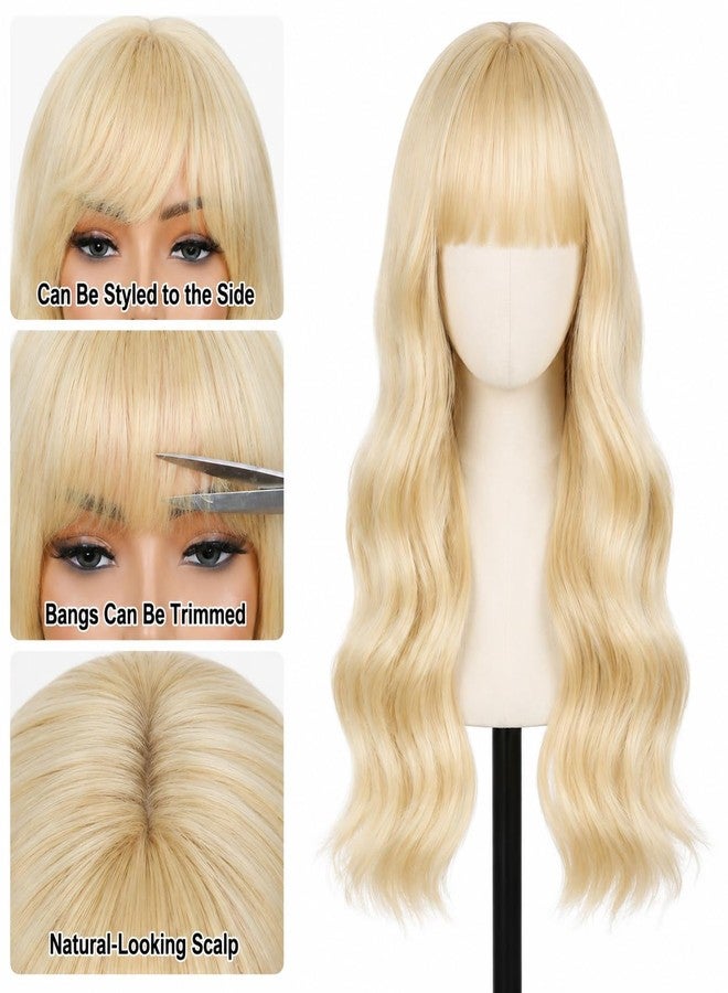 SUKRI Long Wavy Wig with Bangs for Women Blonde Curly Wigs Natural Wavy Synthetic Wigs for Daily Party Cosplay 20 Inch (Blonde) - Image 4