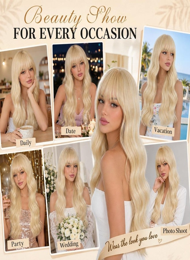 SUKRI Long Wavy Wig with Bangs for Women Blonde Curly Wigs Natural Wavy Synthetic Wigs for Daily Party Cosplay 20 Inch (Blonde) - Image 2