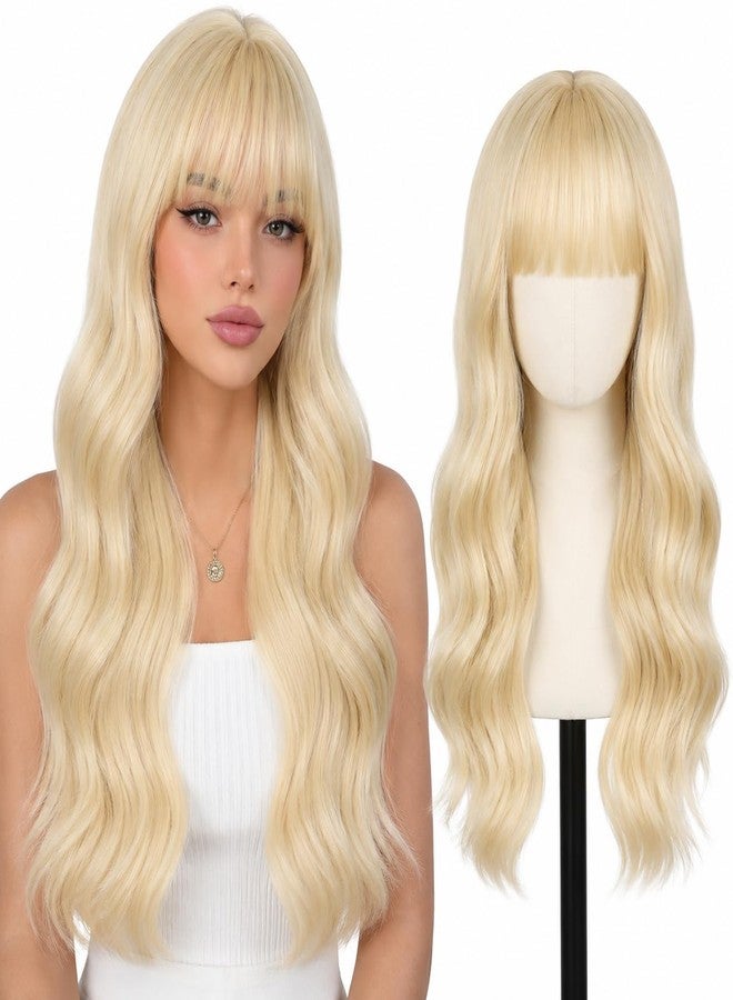 SUKRI Long Wavy Wig with Bangs for Women Blonde Curly Wigs Natural Wavy Synthetic Wigs for Daily Party Cosplay 20 Inch (Blonde) - Image 1