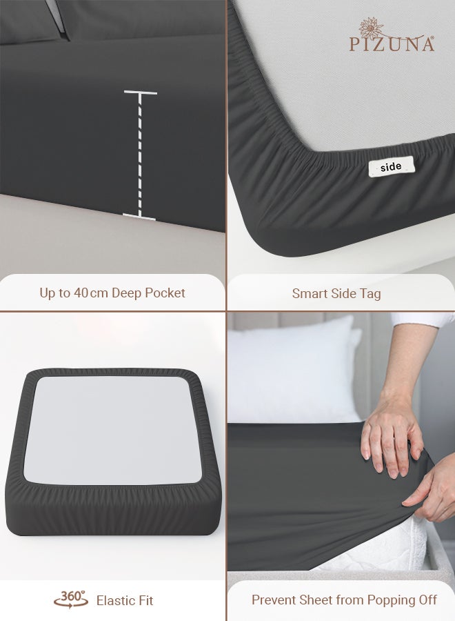 PIZUNA Pure Combed Cotton Fitted Sheet 200x200 cm Dark Grey, 400 Thread Count Cool Luxury Soft 100% Long Staple Cotton Sateen Weave, Deep Pocket Bedsheet Fits 40cm (Fitted Sheet -1PC) - Image 4