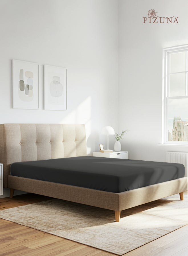 PIZUNA Pure Combed Cotton Fitted Sheet 200x200 cm Dark Grey, 400 Thread Count Cool Luxury Soft 100% Long Staple Cotton Sateen Weave, Deep Pocket Bedsheet Fits 40cm (Fitted Sheet -1PC) - Image 1