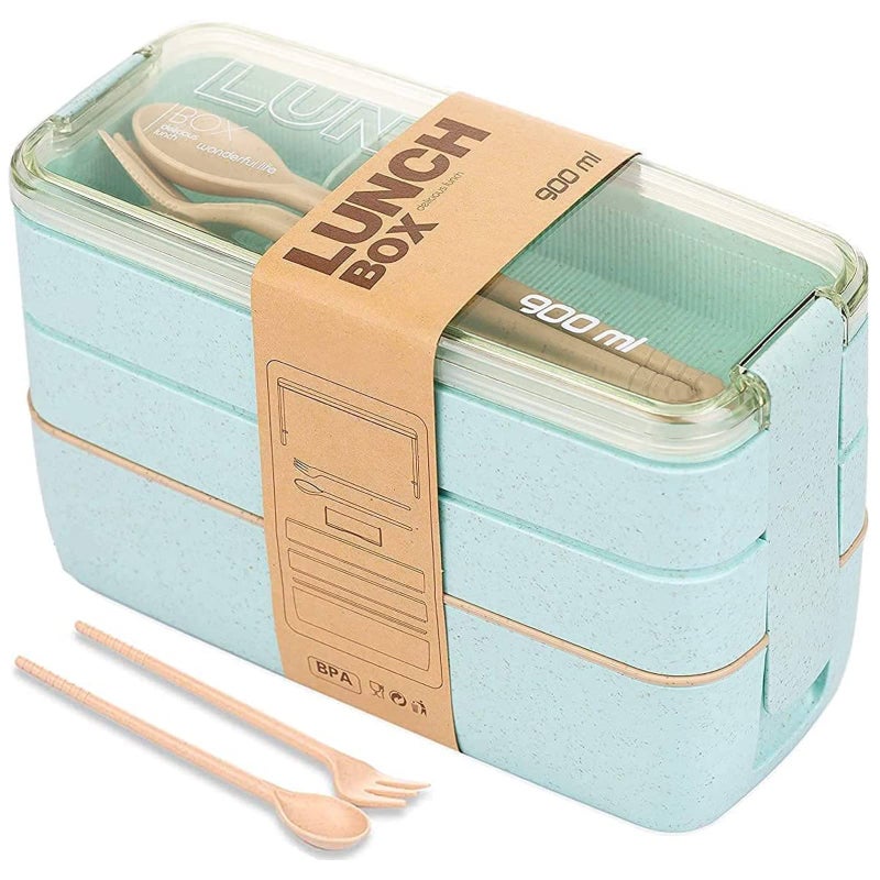 Rarapop Green Stackable Bento Lunch Box Kit, 3-In-1 Compartment Wheat Straw Lunch Containers with Tableware, Reusable On-the-Go Meal and Snack Containers - Image 1