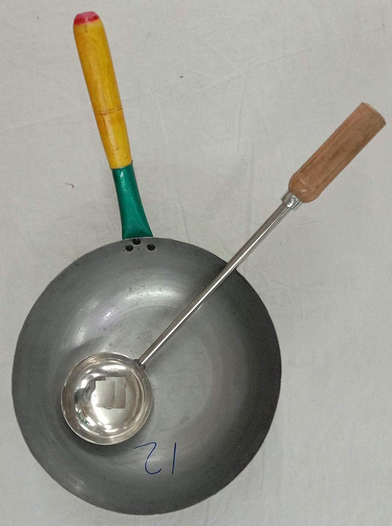 Damurhu Damurhu Chinese Iron Fry pan with Wooden Handle Silver Size 12 Wooden Handle Chines Iron Ladle - Image 1