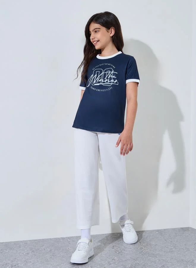 Styli Teen Girls Navy Blue Regular Fit Printed Ringer T-Shirt